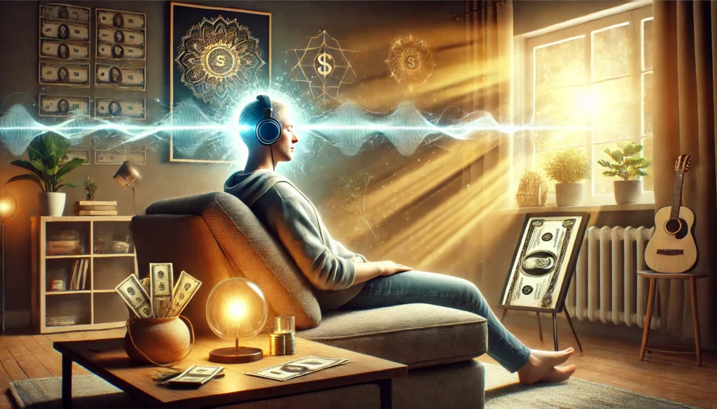 person relaxing on a chair listening to an audio track with wealth symbols